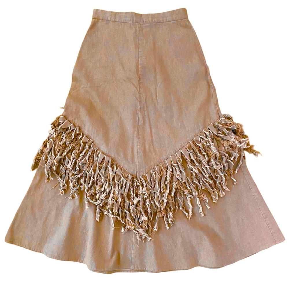 Circle T by Marilyn Lenox Skirt 0 Vintage Western Beige Cotton Fringe Maxi Long
